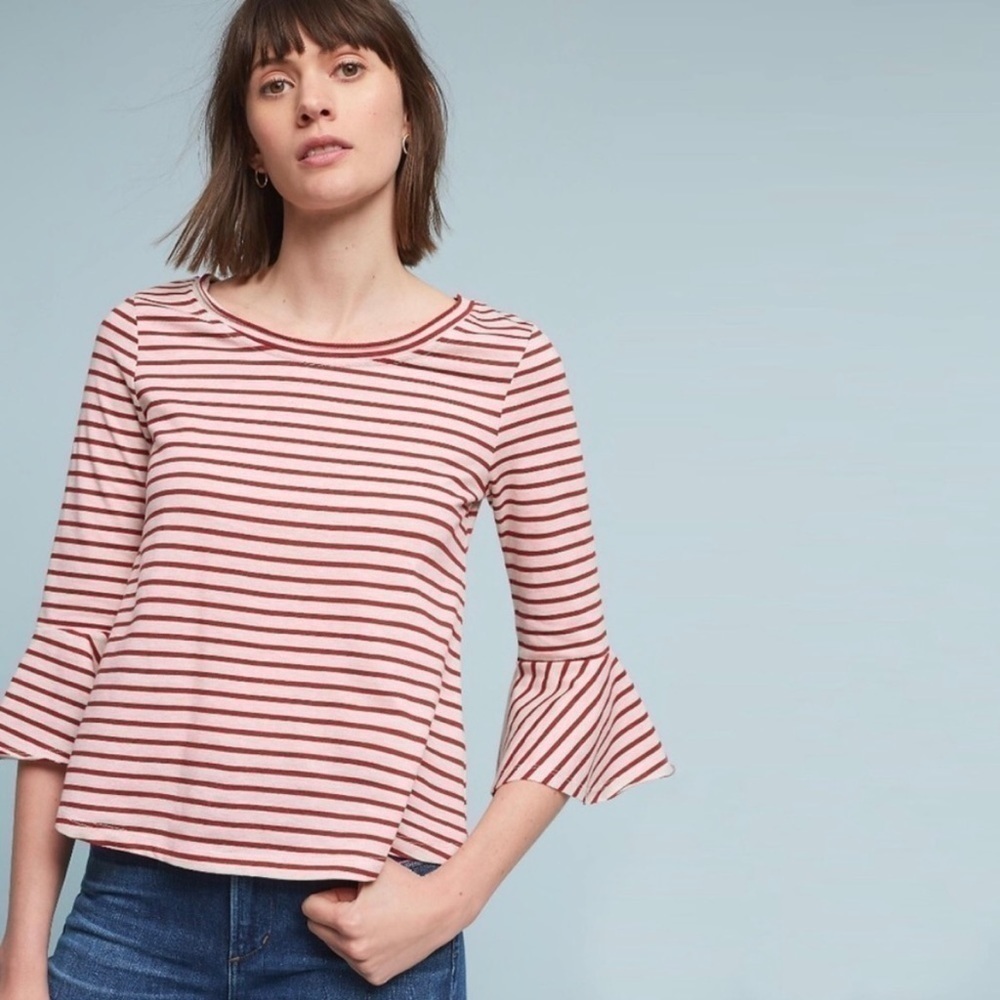 Anthropologie Deletta Blouse Celina Ruffle Sleeve Top Striped Red S